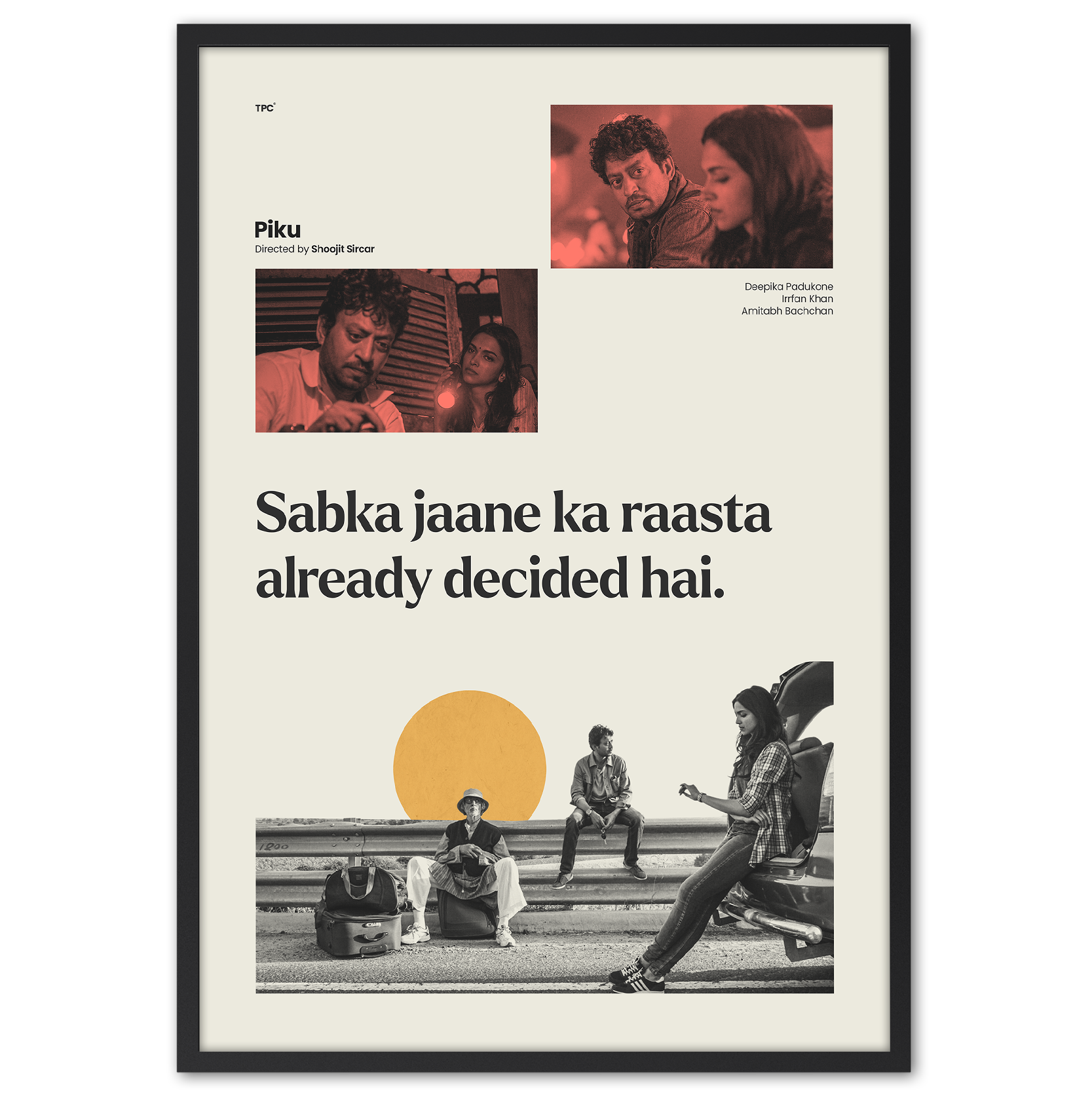 Framed movie poster with text and images of people, featuring a quote.