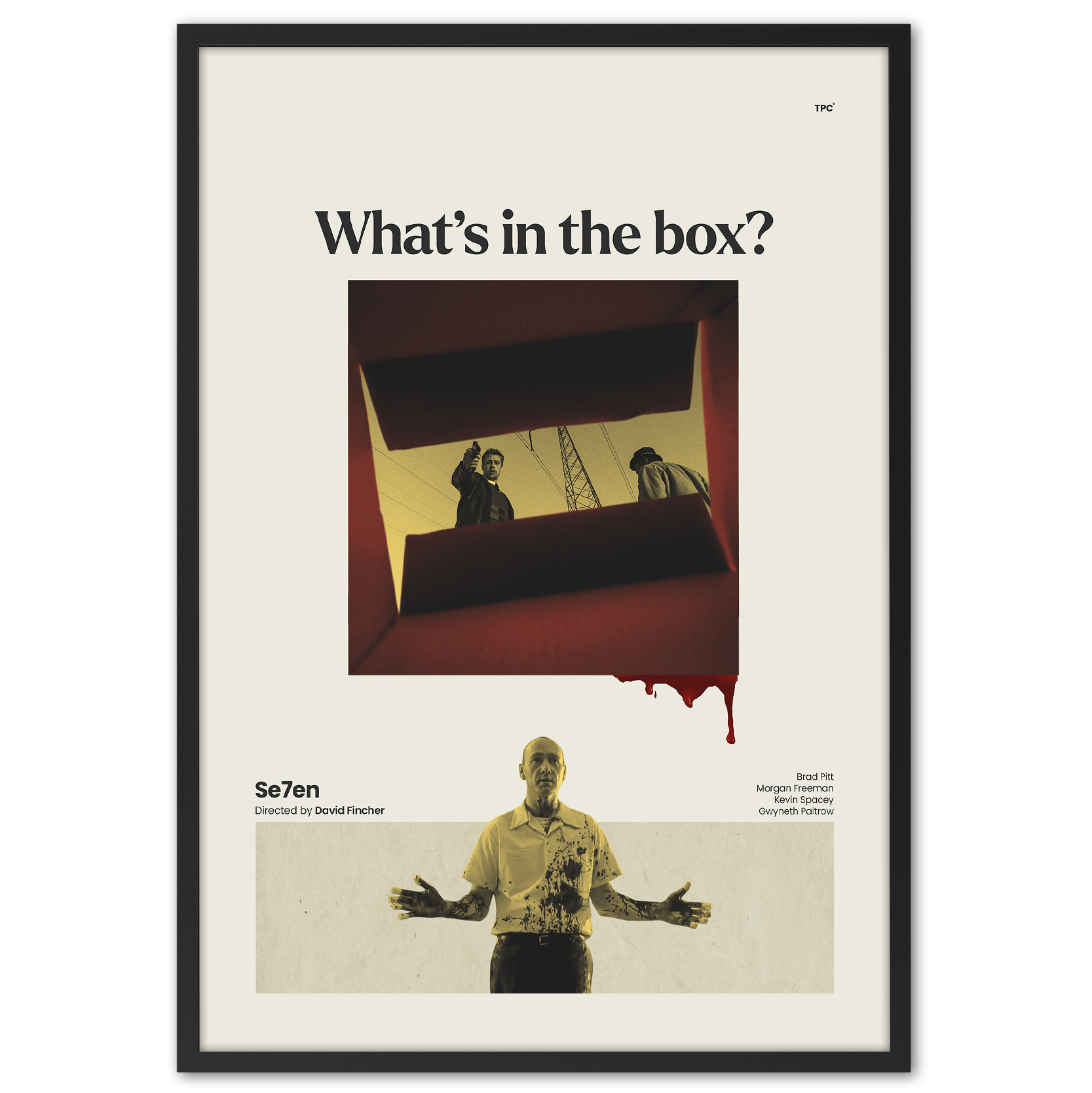Movie poster with text 'What's in the box?' and a person looking into a box with a bloodstained floor.
