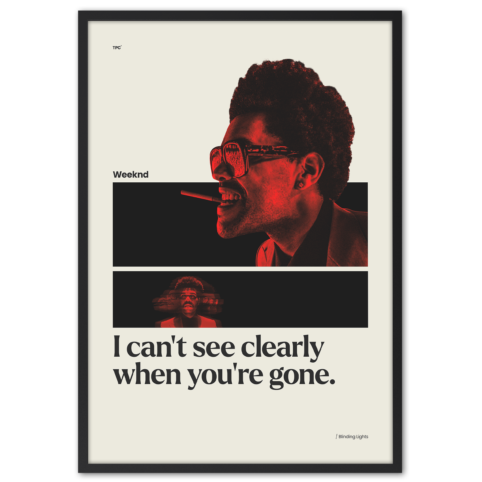 Framed poster with a stylized portrait and text on a white background