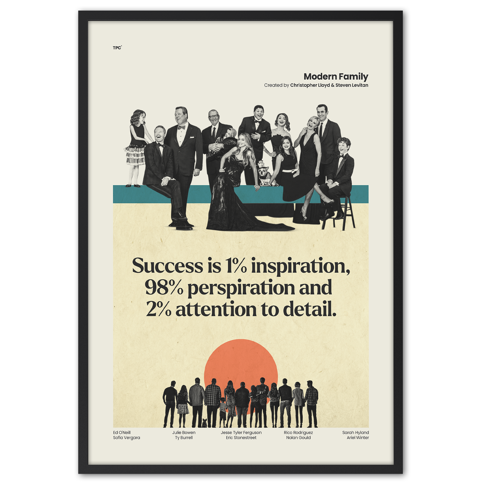 Framed poster with a motivational quote and a group of people in formal attire.