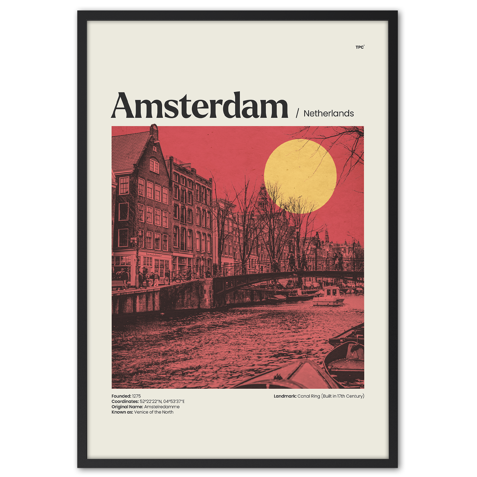 Framed poster of Amsterdam with a red and black color scheme.