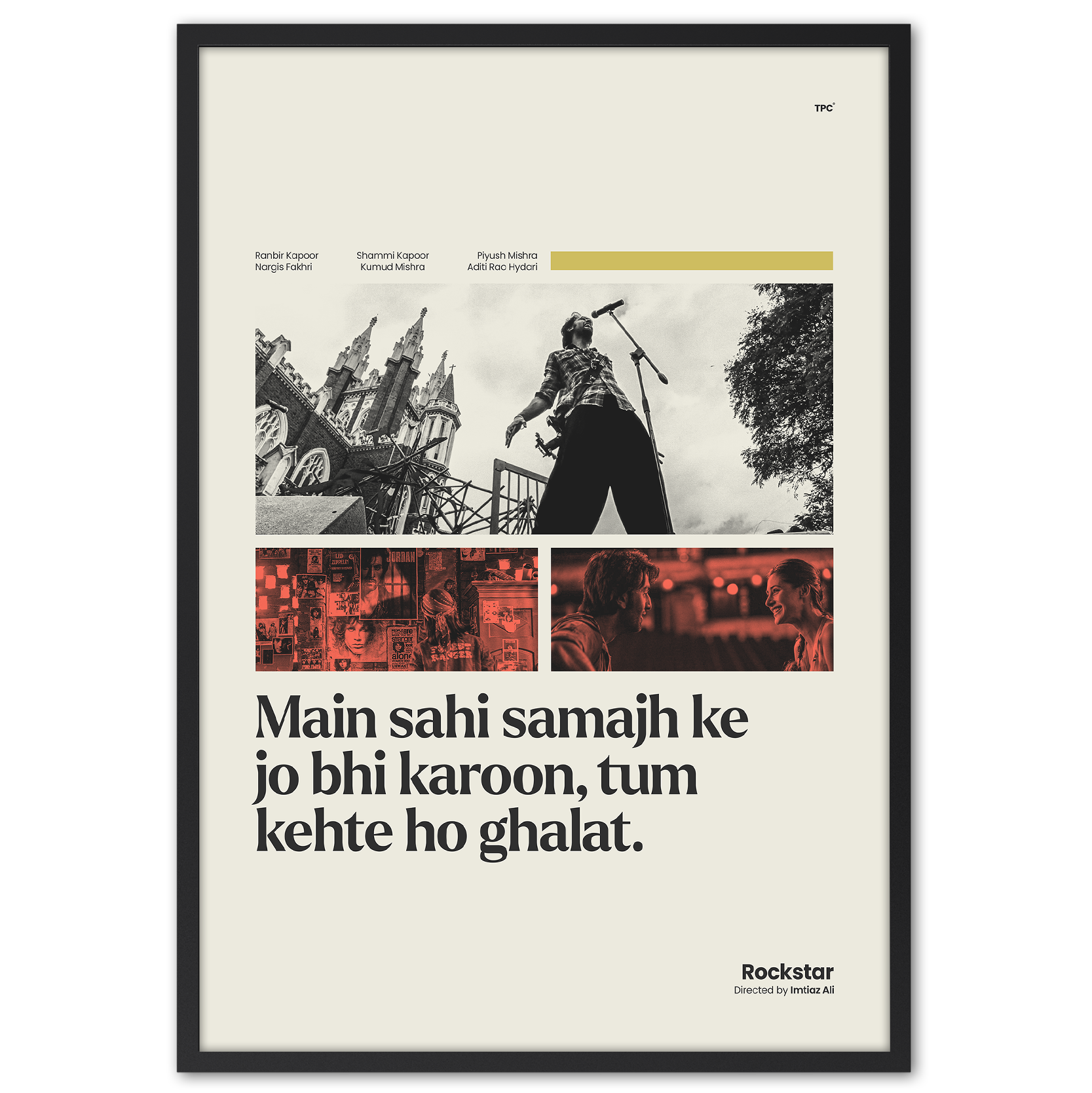 Framed poster with a stylized image of a person and text on a white background