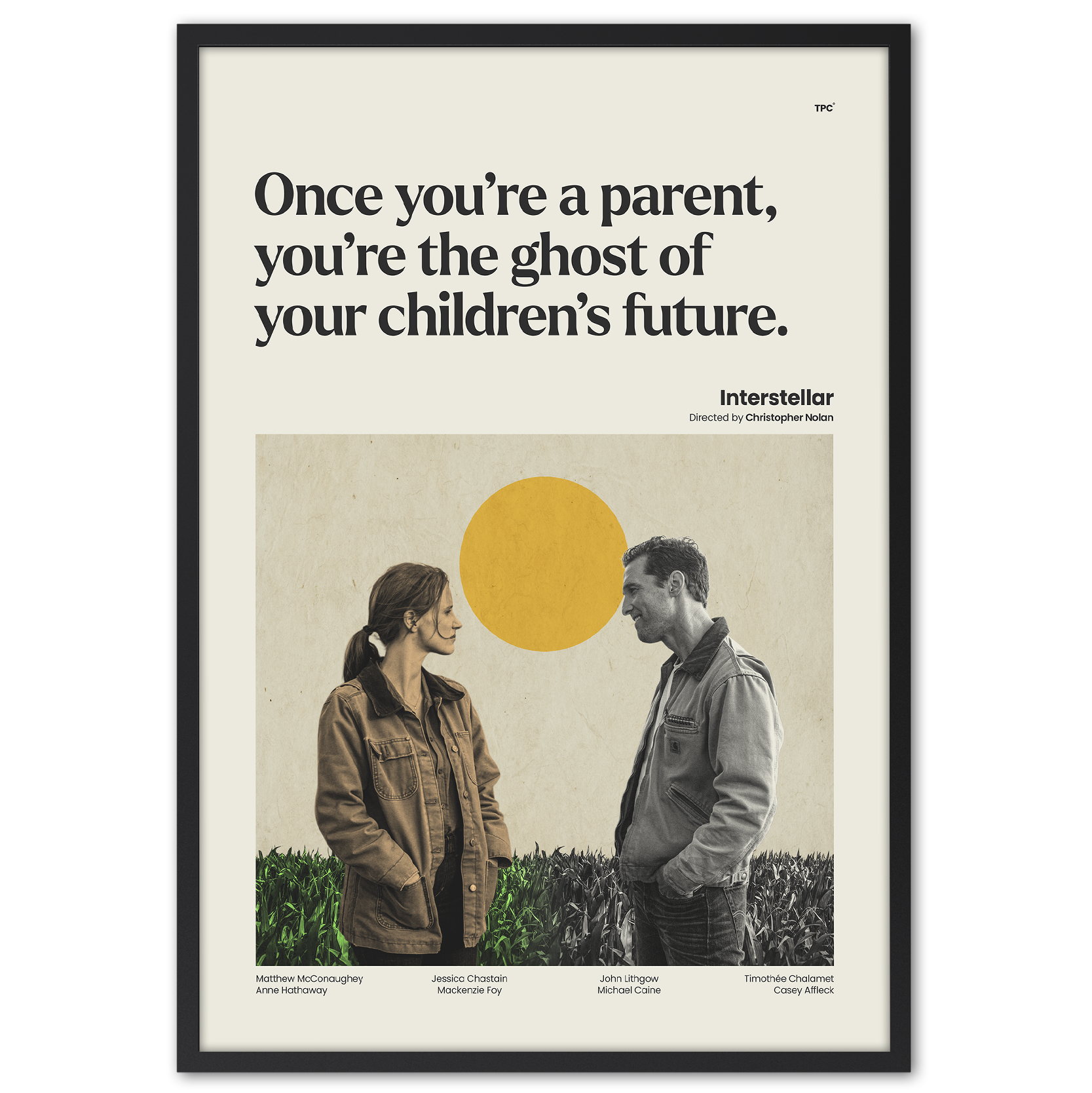 Framed movie poster with text and two people in a field, featuring the quote 'Once you're a parent, you're the ghost of your children's future.'.