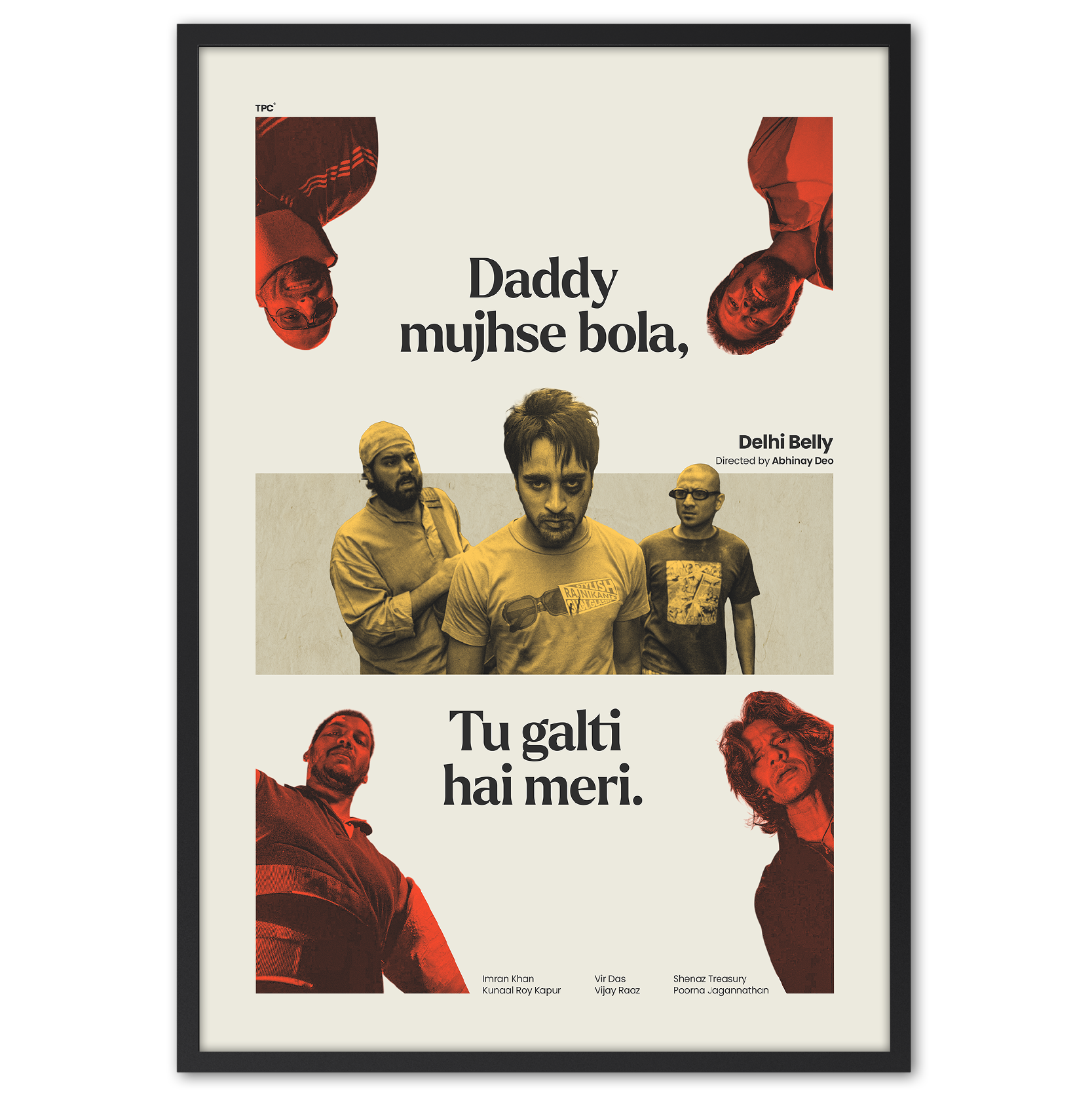 Framed poster with text and images of people on a white background