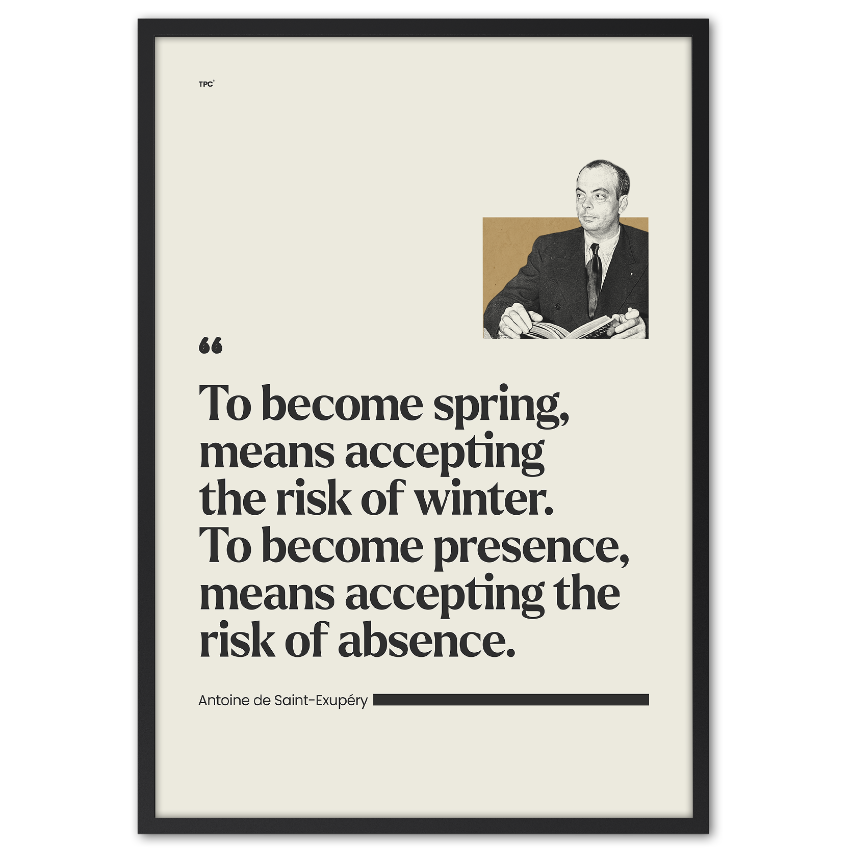 Framed poster with Antoine de Saint-Exupéry's quote and portrait on a white background