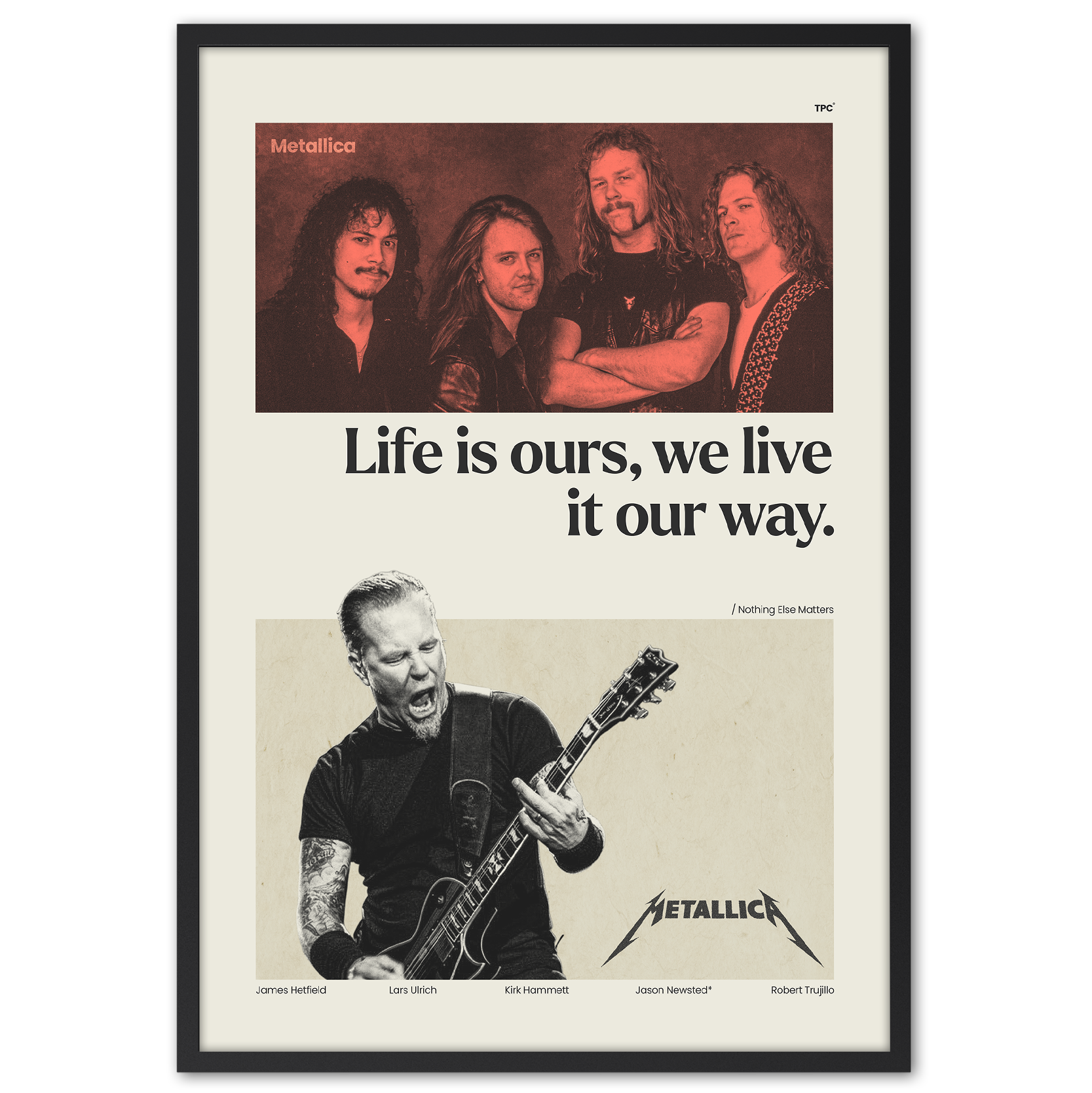 Metallica poster with band members and text on a white background
