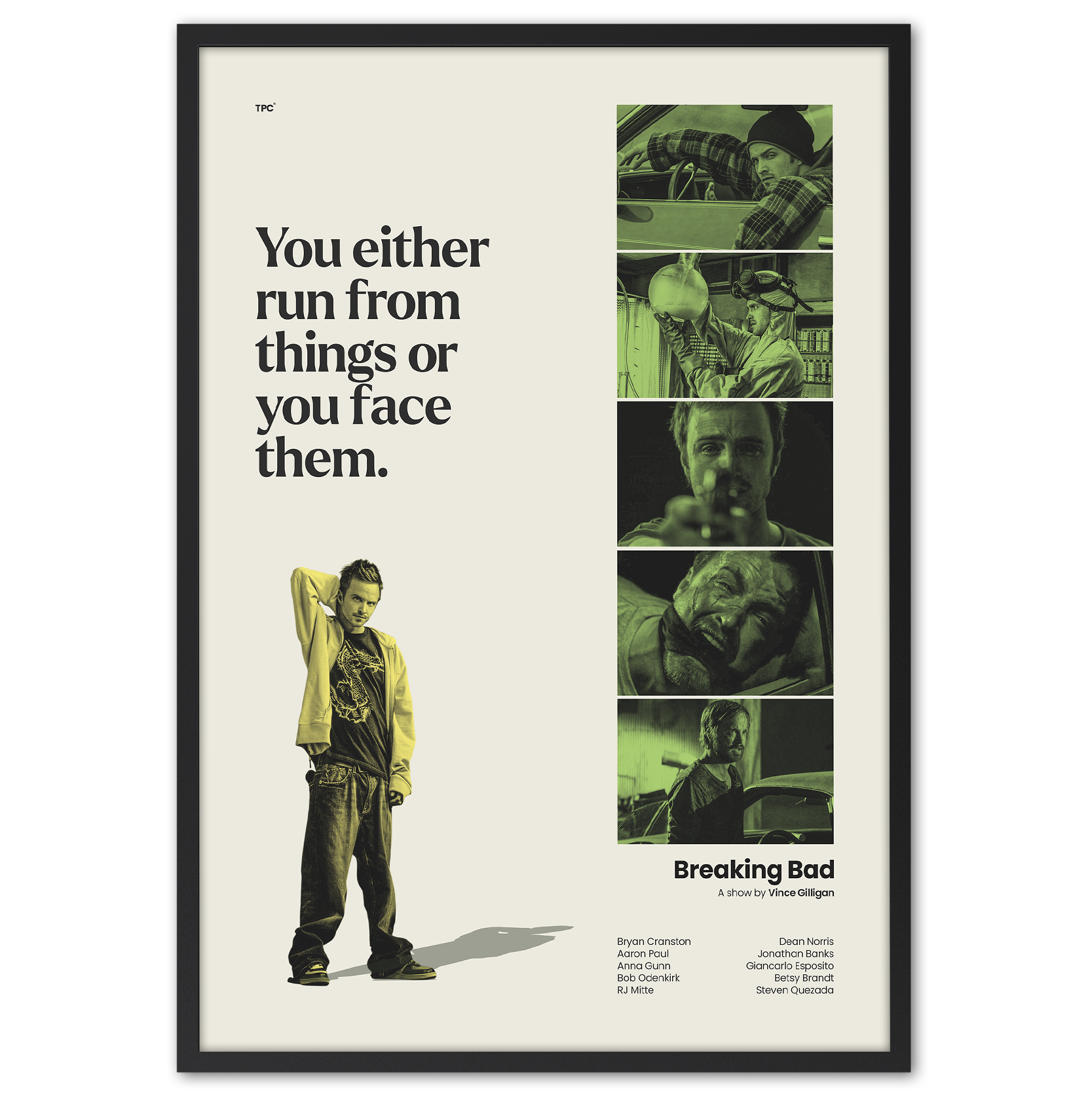 Framed poster with 'Breaking Bad' quote and character images on a white background