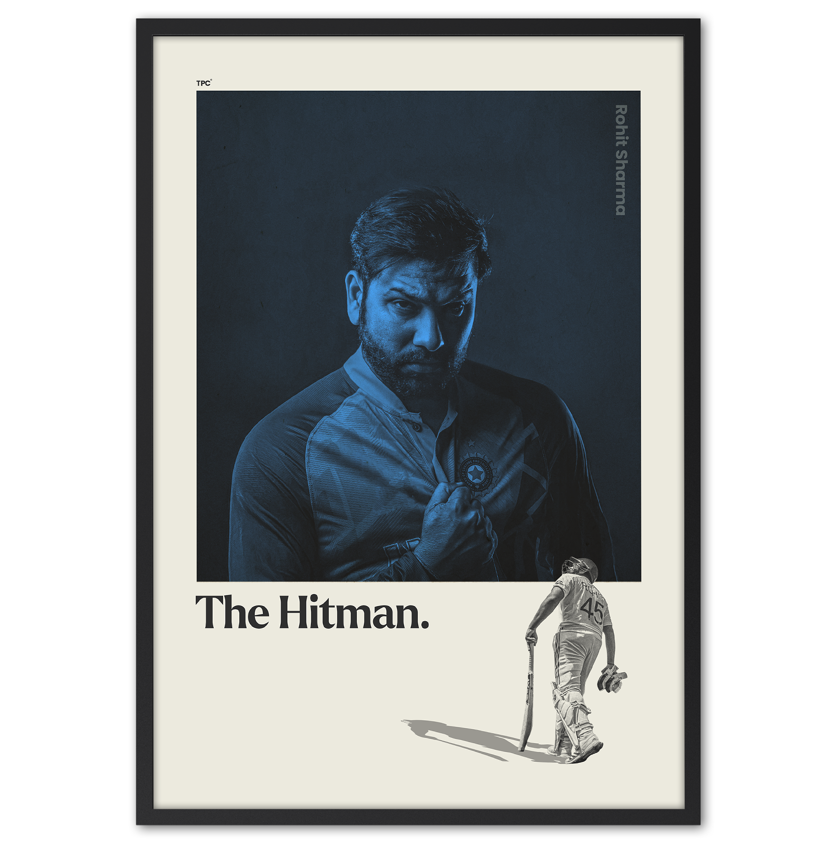 Framed artwork of a man with 'The Hitman' text on a dark background