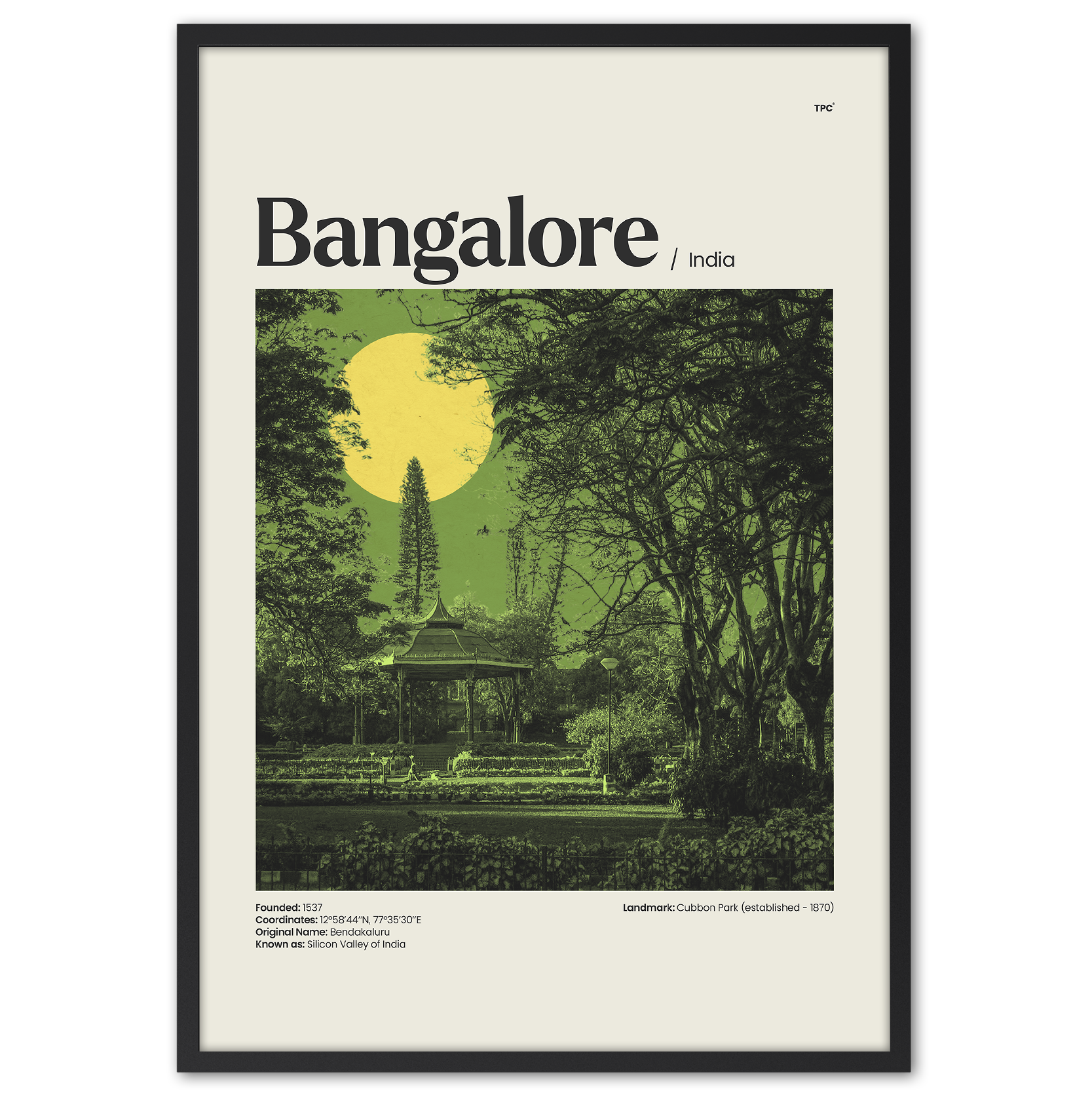 Framed poster of Bangalore with a green landscape and yellow sun.