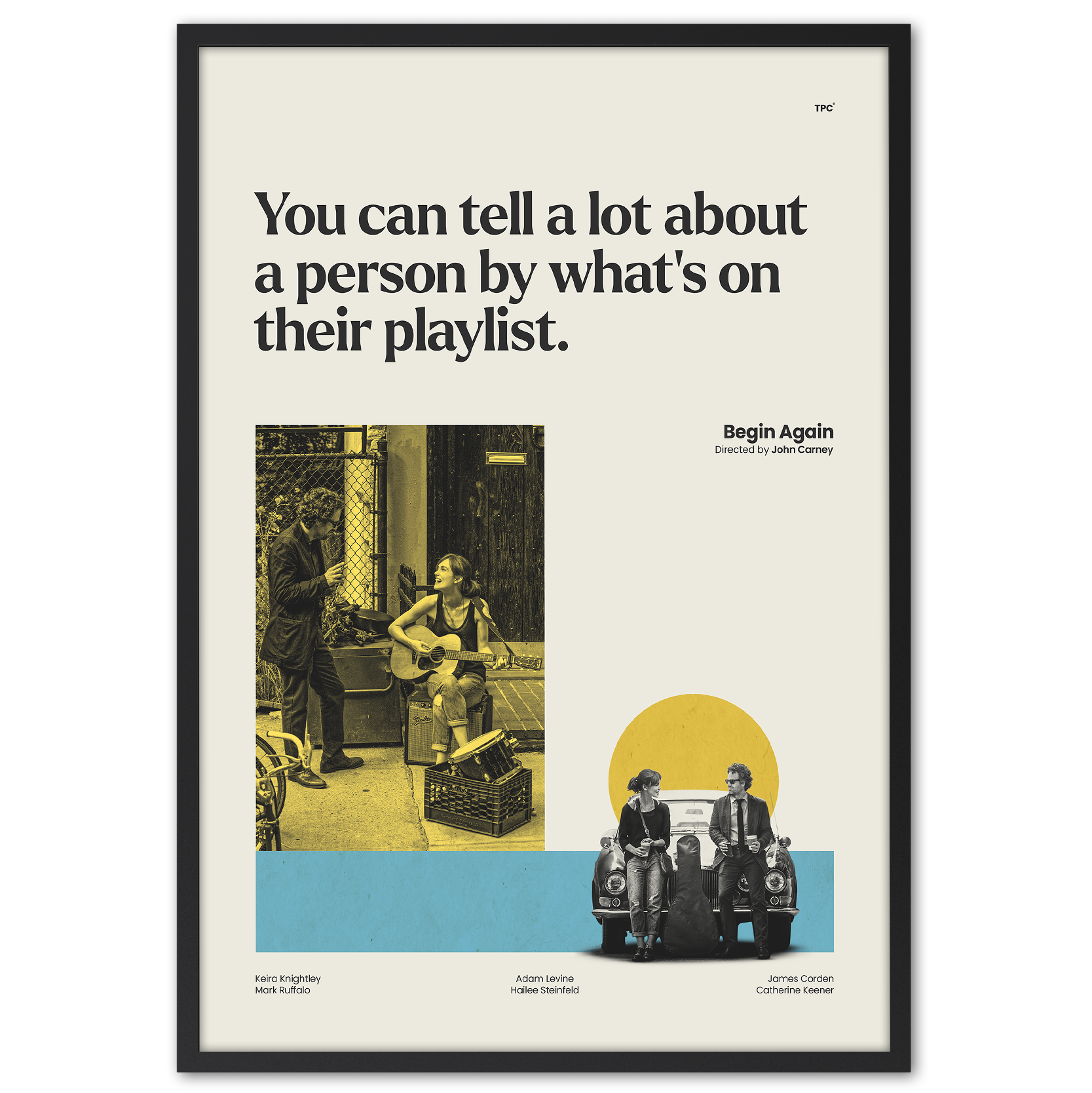 Framed poster with text 'You can tell a lot about a person by what's on their playlist' and images of people in a room and on a boat.