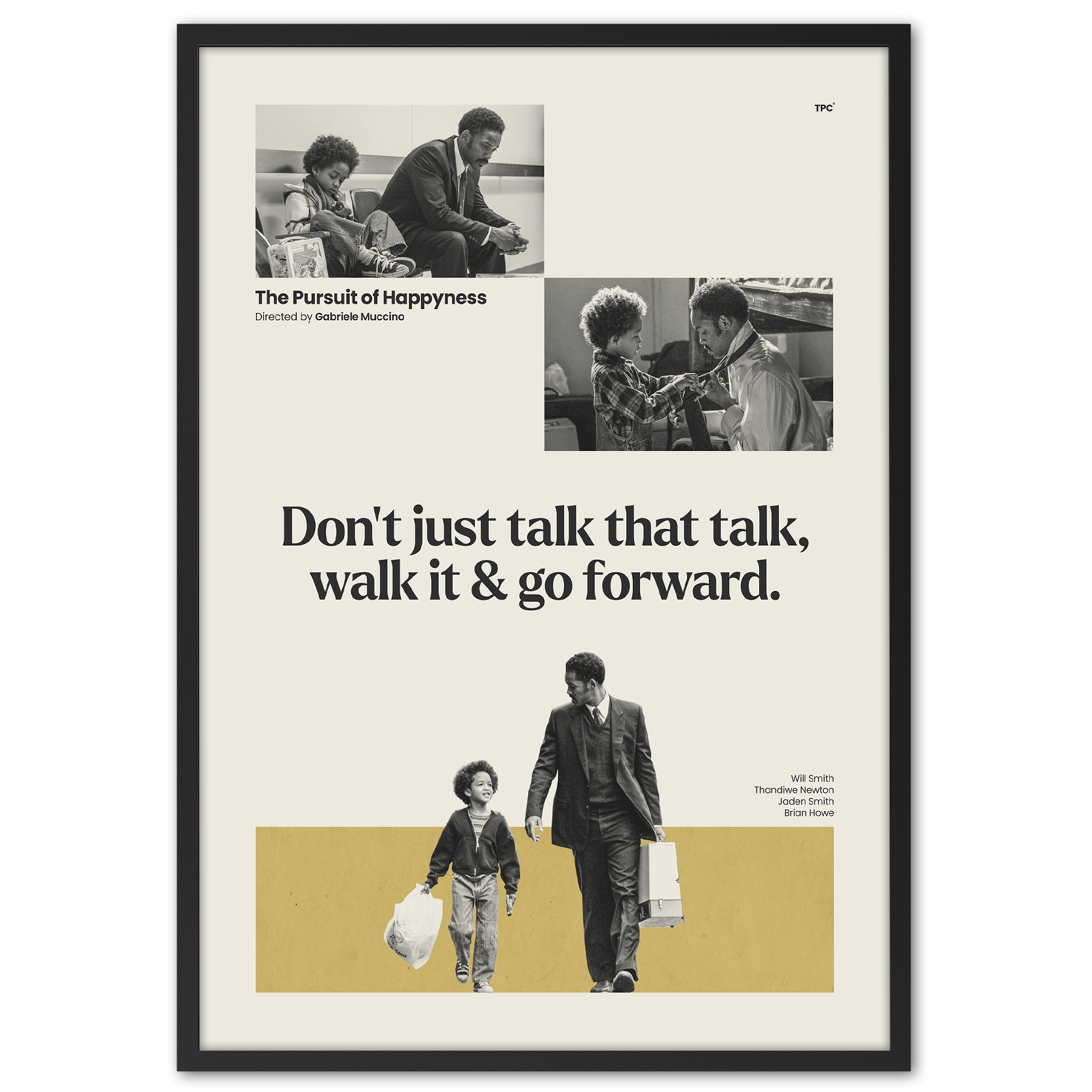 Framed poster with images and text from 'The Pursuit of Happyness' movie on a white background.