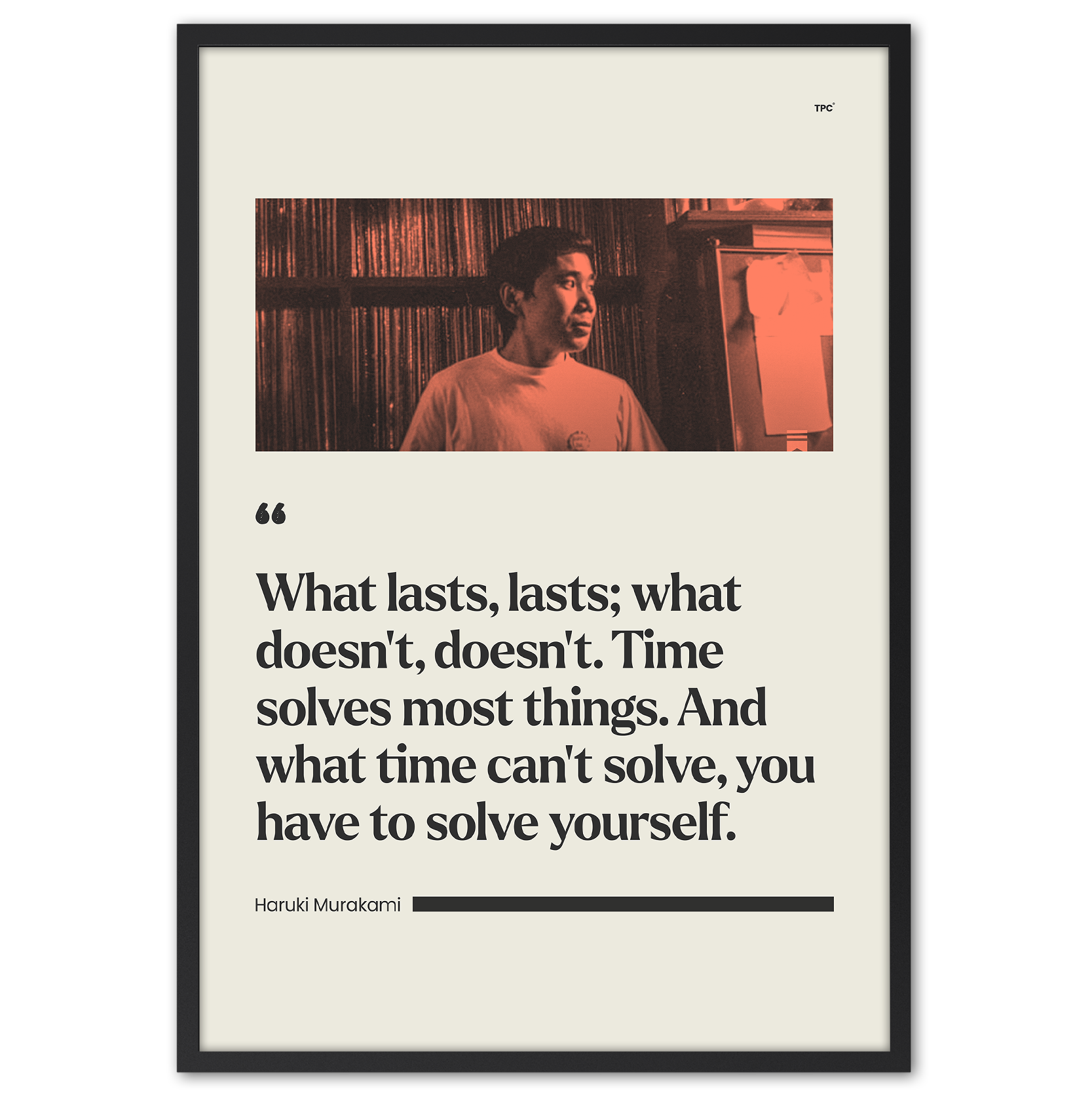 Framed poster with a quote by Haruki Murakami and a person in a room.
