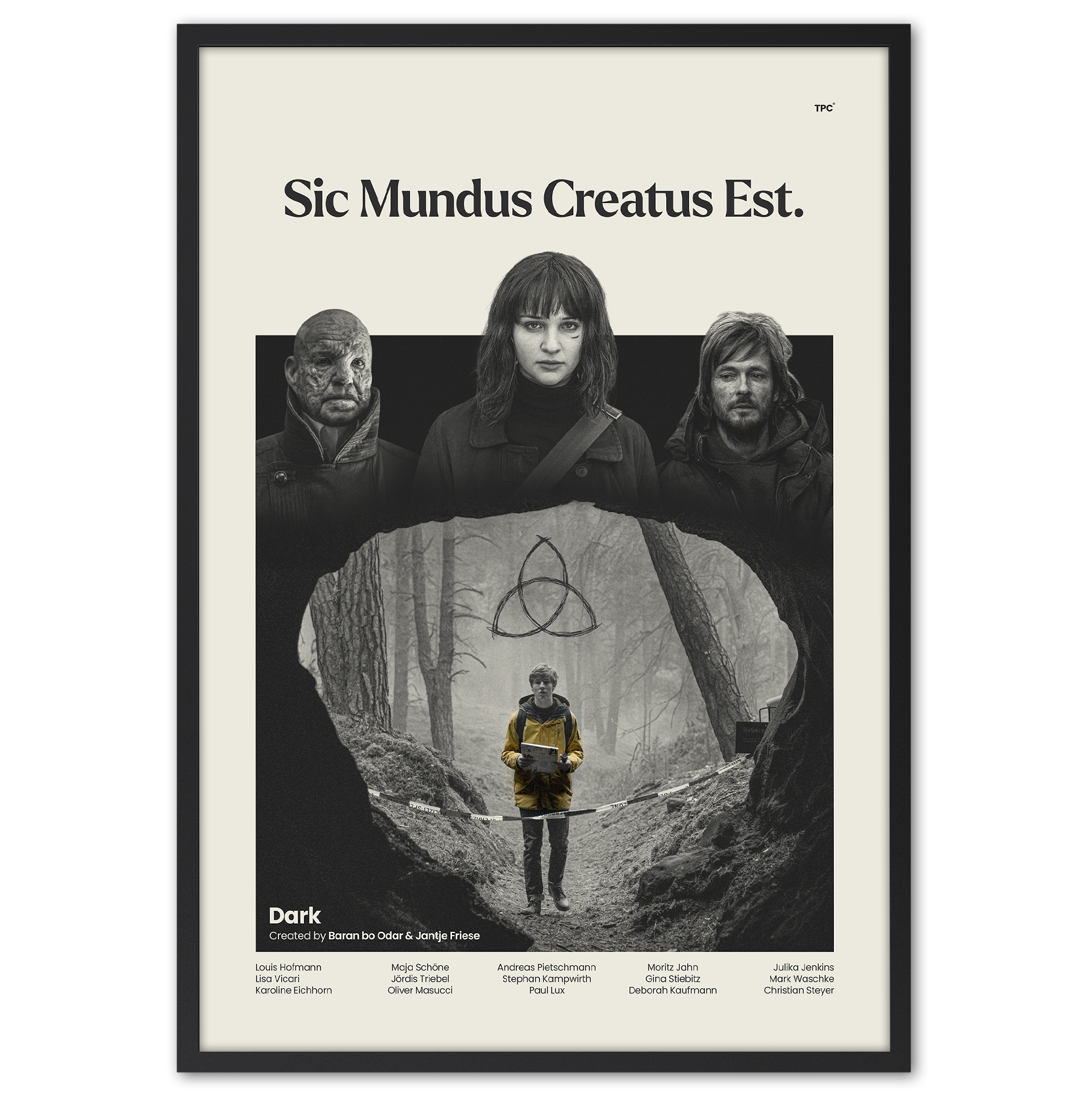 Framed poster with a black and white design featuring three people and a person in a forest.