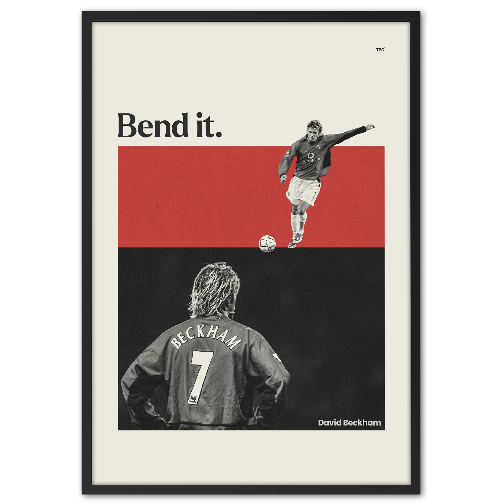 Framed poster with a soccer player kicking a ball and text 'Bend it.' on a red and black background.