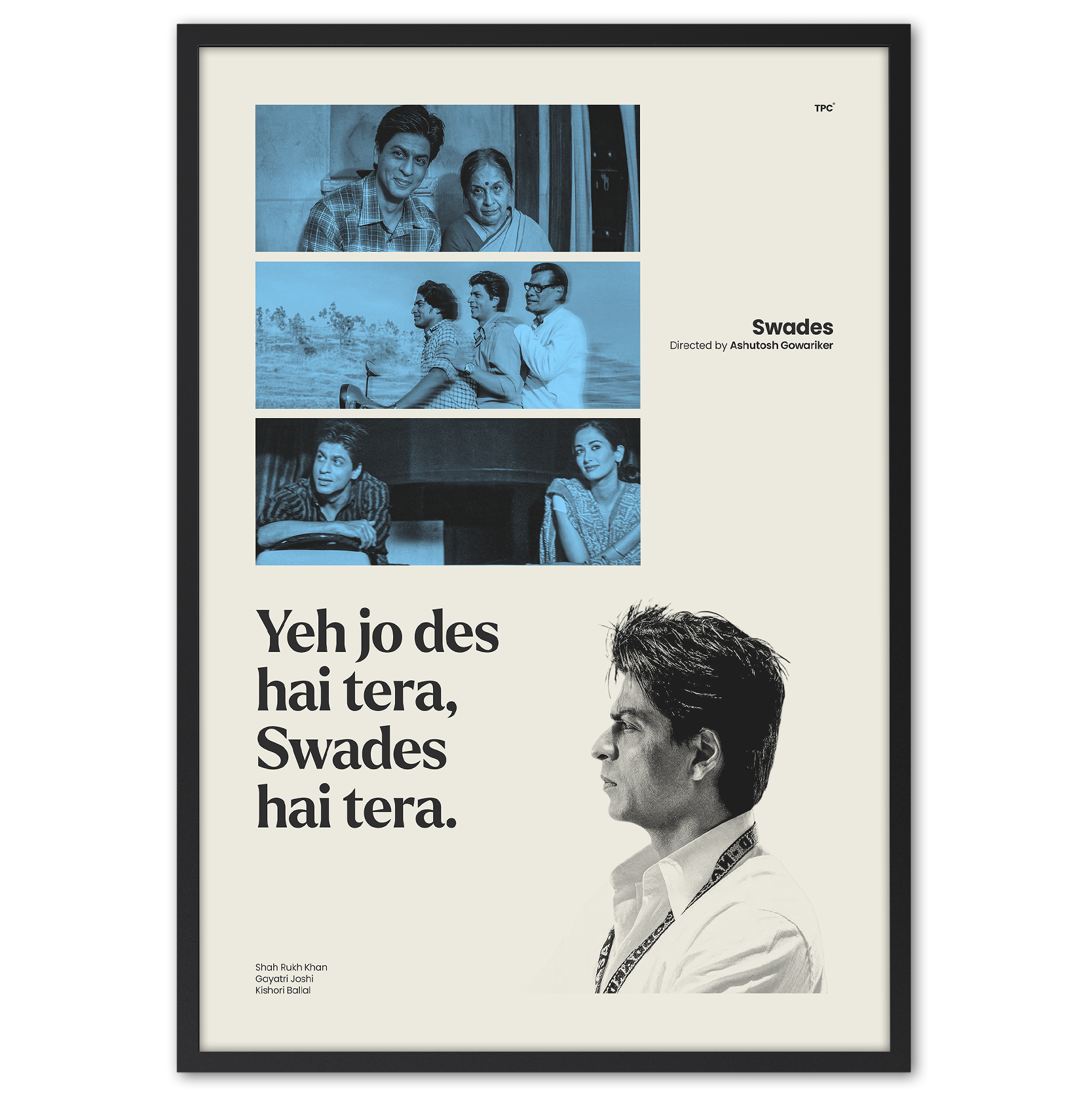 Framed movie poster of 'Swades' with black and white images and text.