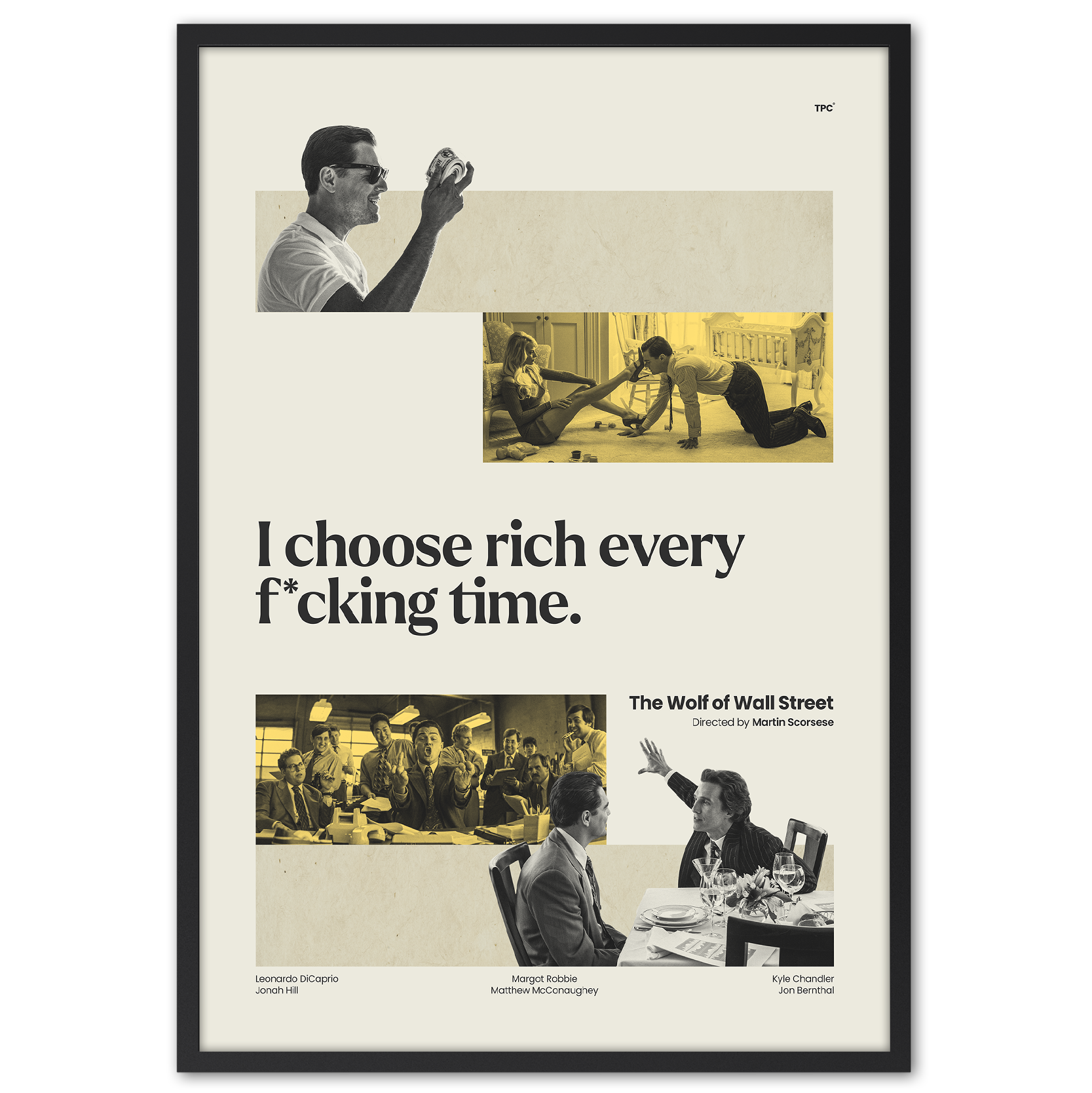 Framed poster with black and white images and text on a beige background