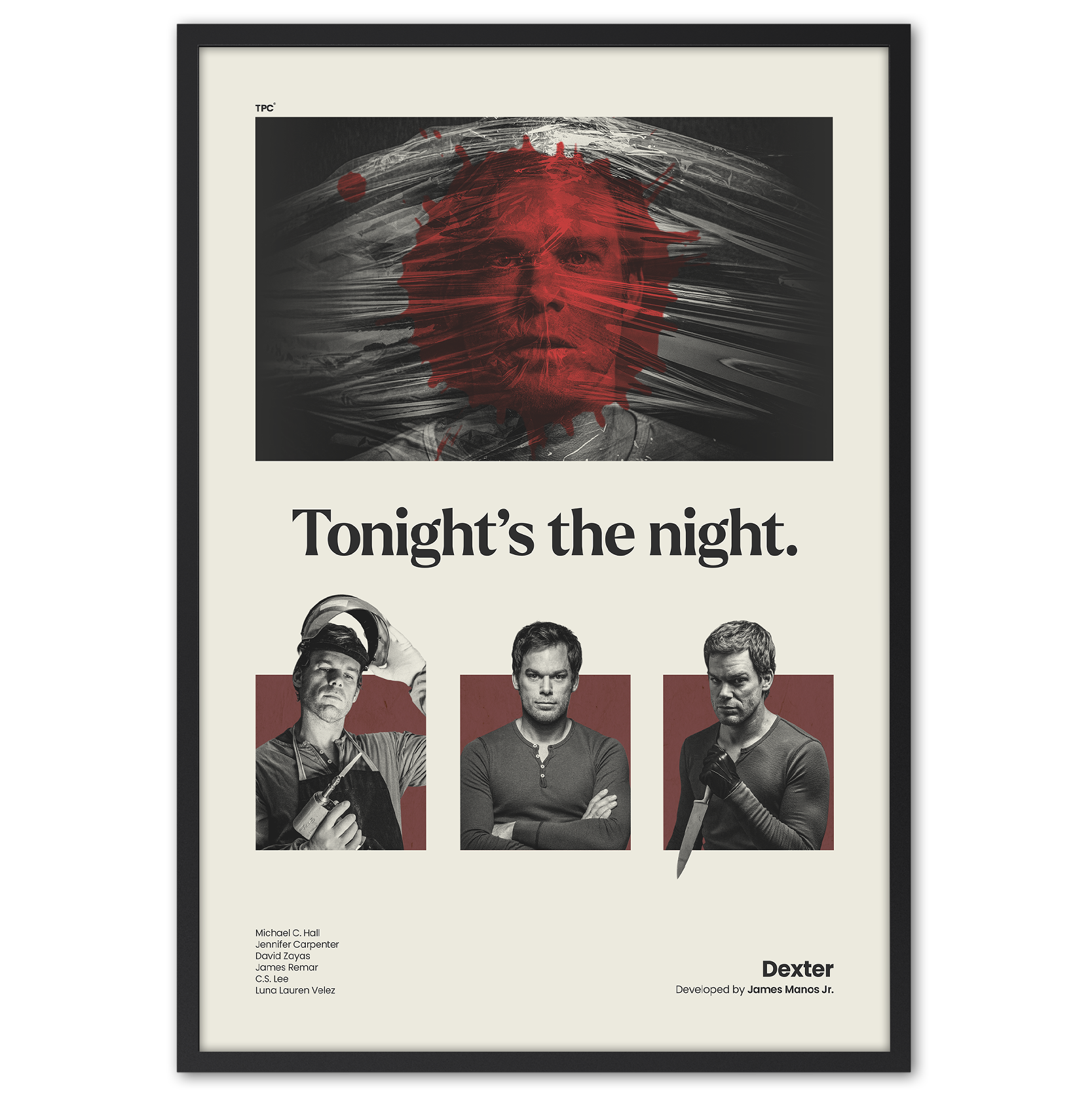 Framed poster of 'Dexter' with a stylized image and text on a white background