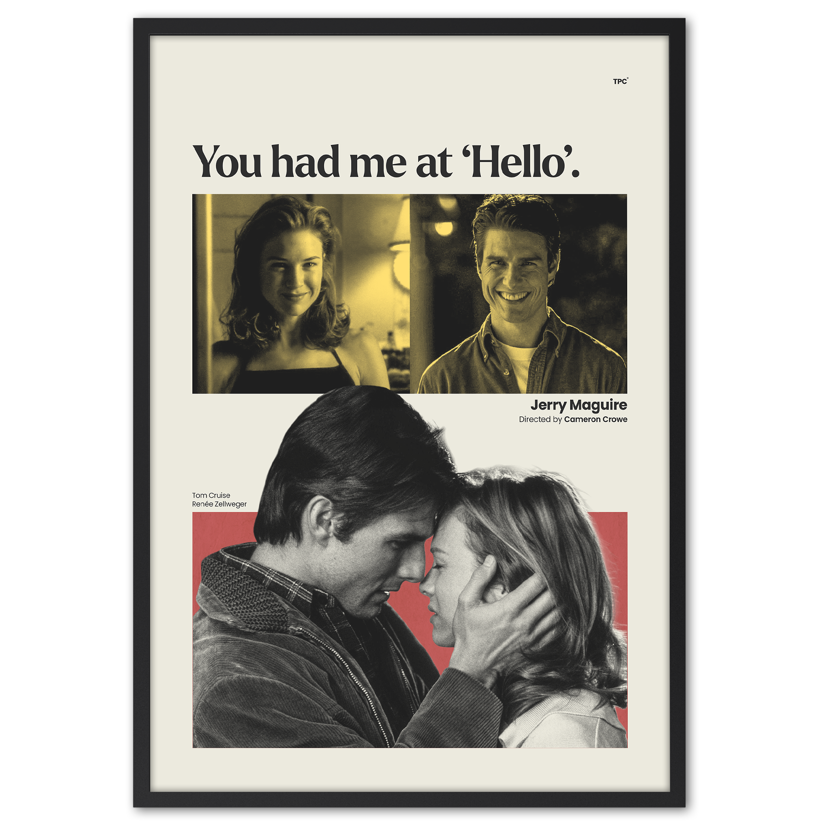 Framed movie poster with romantic scene and text 'You had me at Hello'.