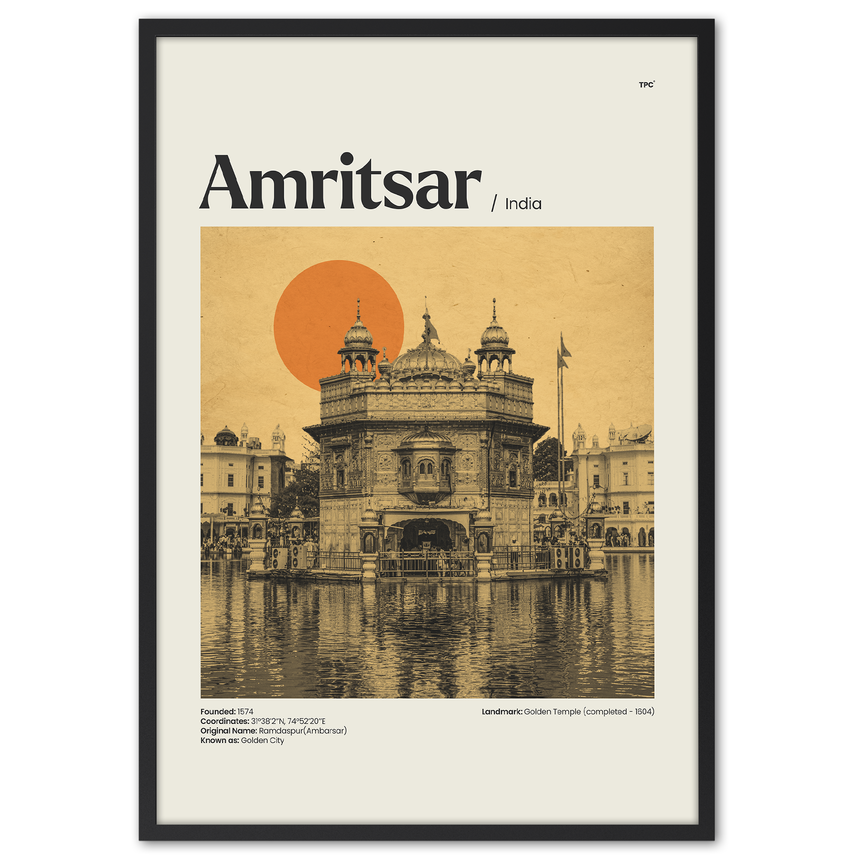 Framed poster of Amritsar with a temple and sunset design.